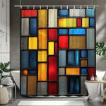 rideau douche mosaïque colorée texture grunge moderne rouge jaune bleu gris noir abstraite anneaux