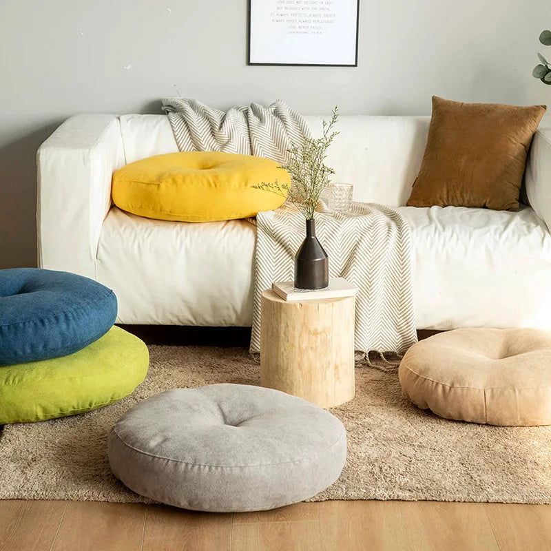 coussin rond velours jaune gris bleu moderne 55cm 42cm 47cm massage siège yoga tatami