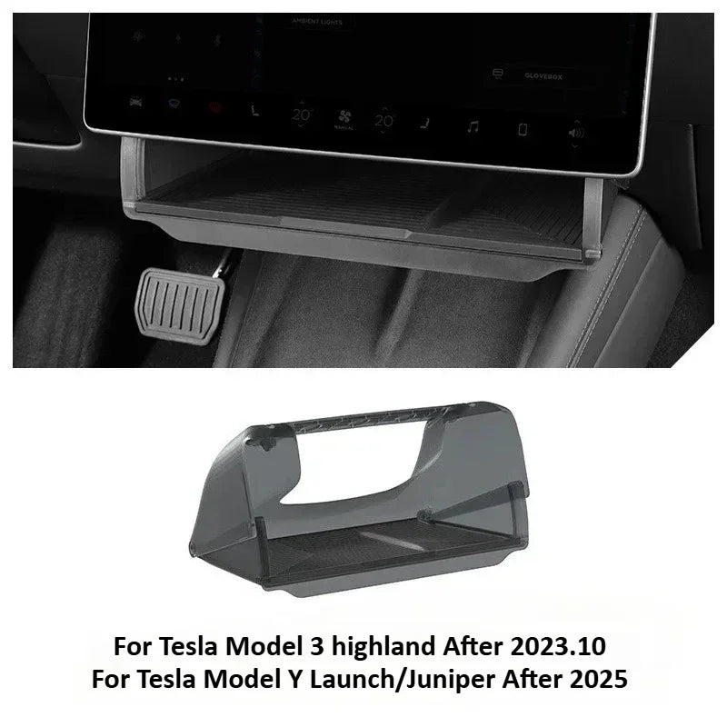 rangement caché plateau organiser feutre texturé gris noir sous écran central tesla model model