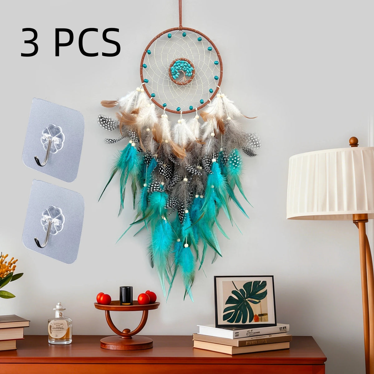 attrape rêves boho chic plumes multicolore bleu rouge gris orange salon chambre
