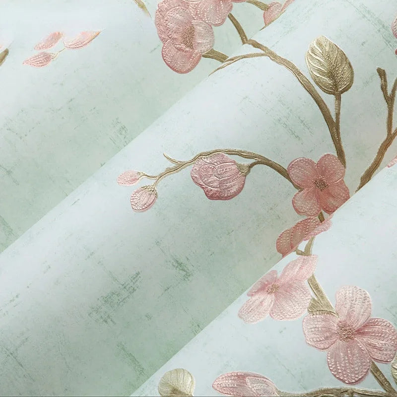 papier peint floral tissu relief beige vert rose chambre salon vintage shabby chic