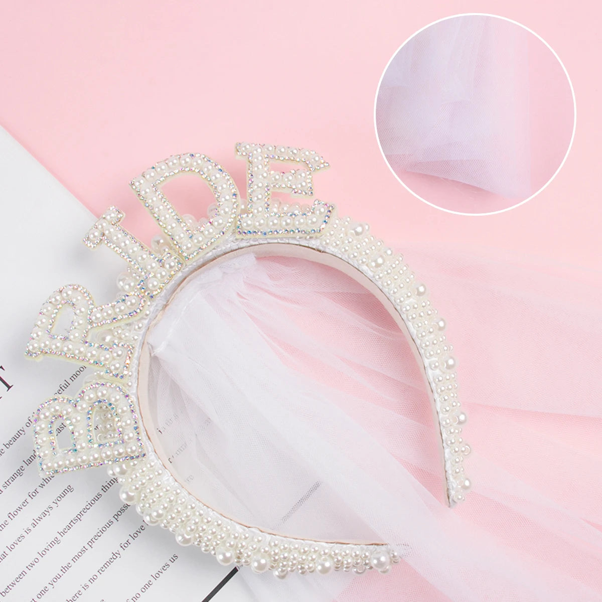 diadème mariage bride strass voile tulle élégant blanc argenté rose fond