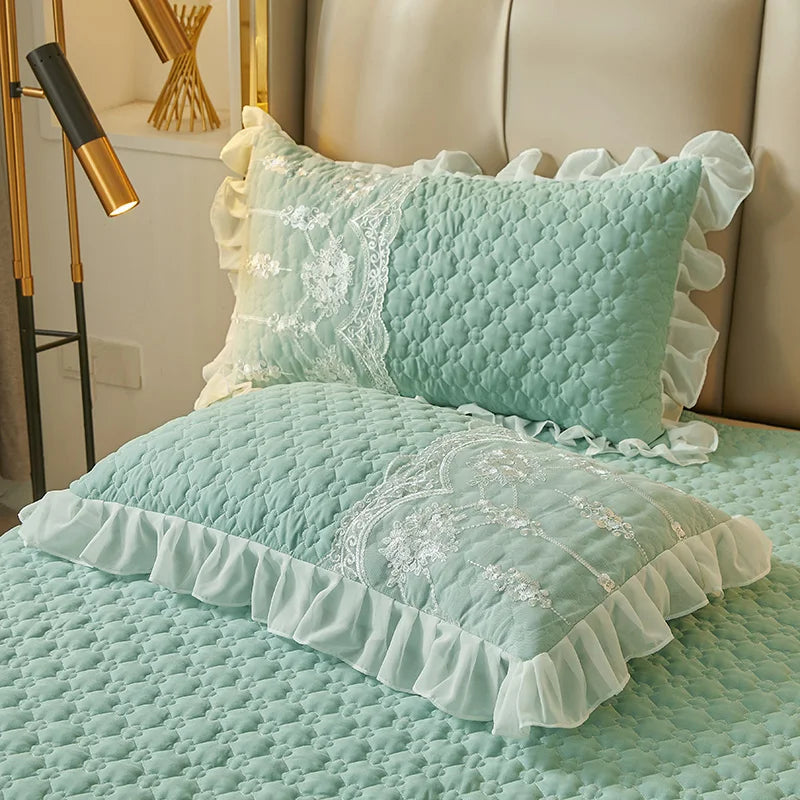 taies d'oreiller vintage blanches franges pièces 48x74cm polyester coton maison