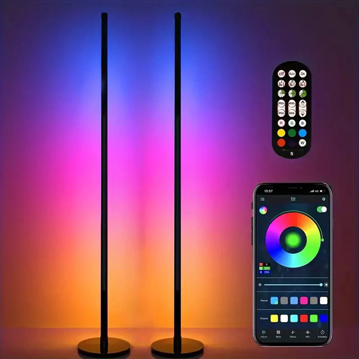 lampe sol led moderne controle app telecommande rgb noire 122cm haute qualité decoration intérieure