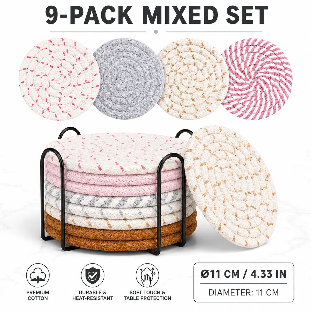 serviettes table main tissée coton beige marron gris motifs différents respectueux environnement set support