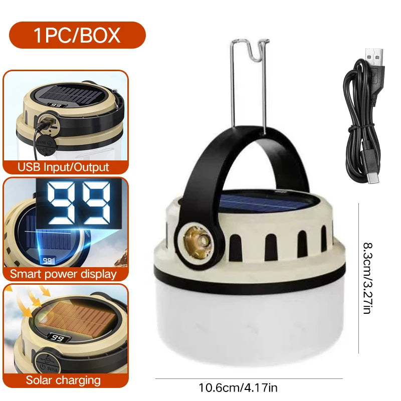 lanterne solaire portable camping led rechargeable fixation poignée écran digital prise type