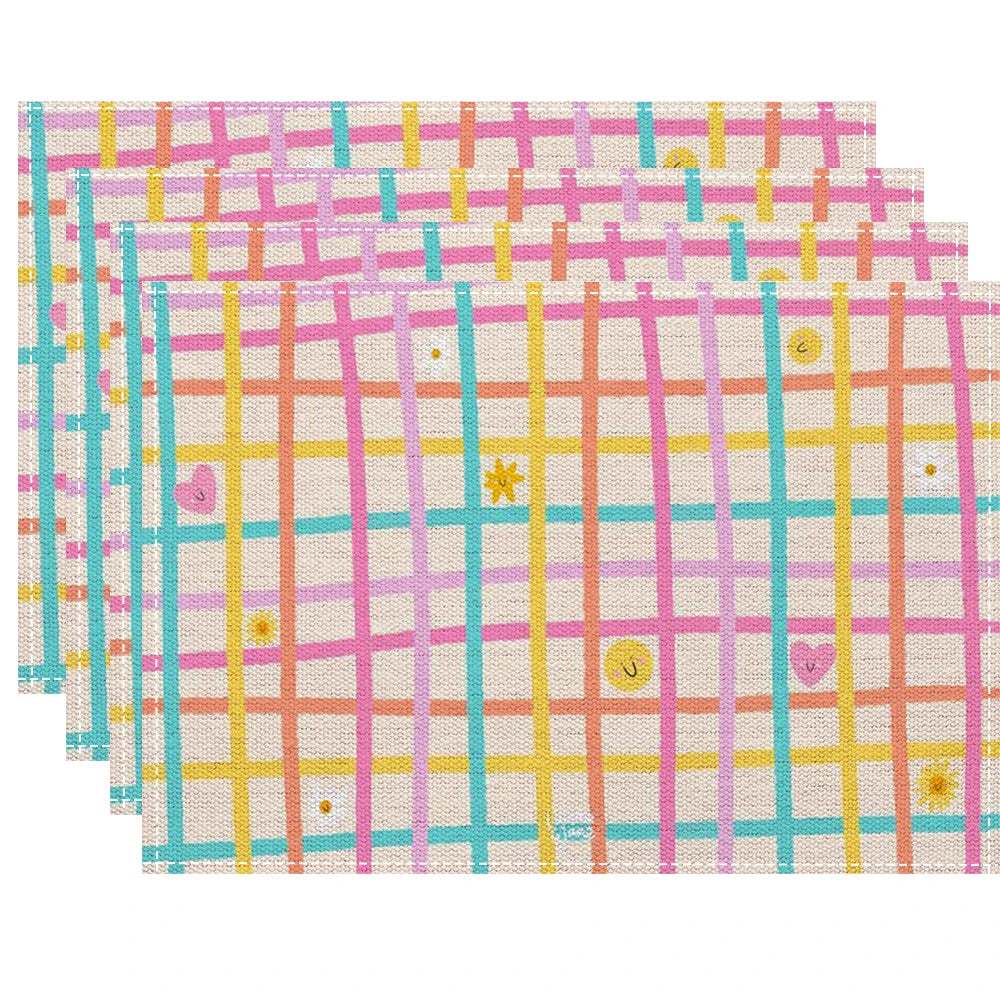 serviettes table carreaux fruits fleurs moderne rose clair gris clair bleu clair jaune clair