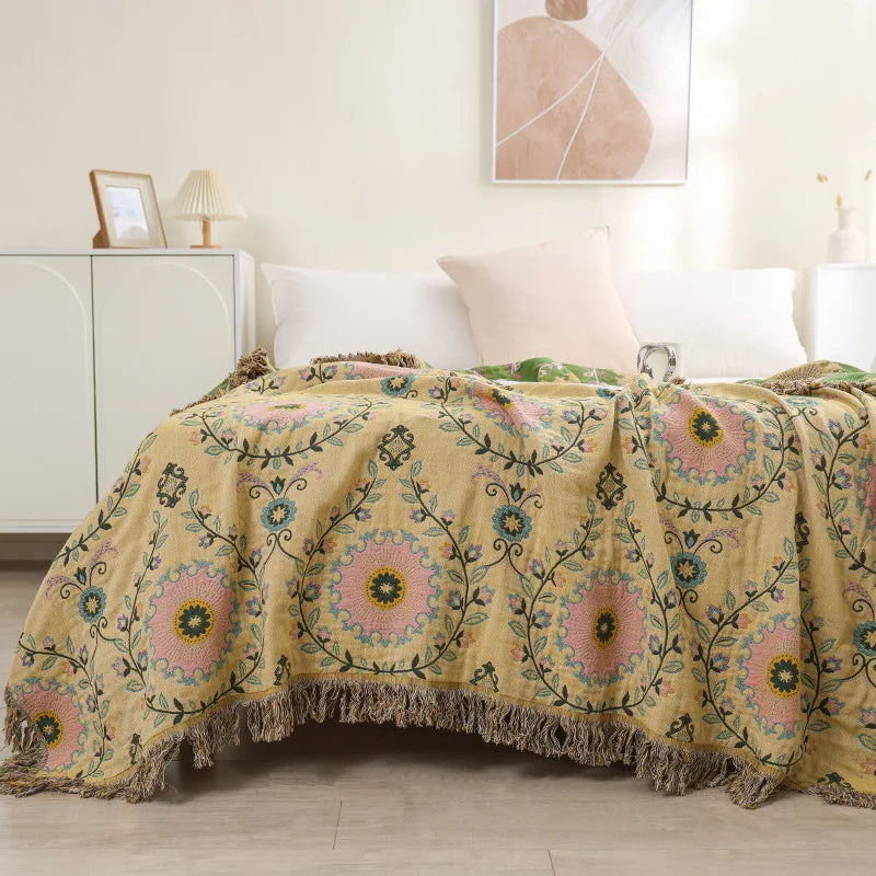 couverture coton jacquard fleur complexe vert beige marron rose traditionnelle hiver été canapé lit