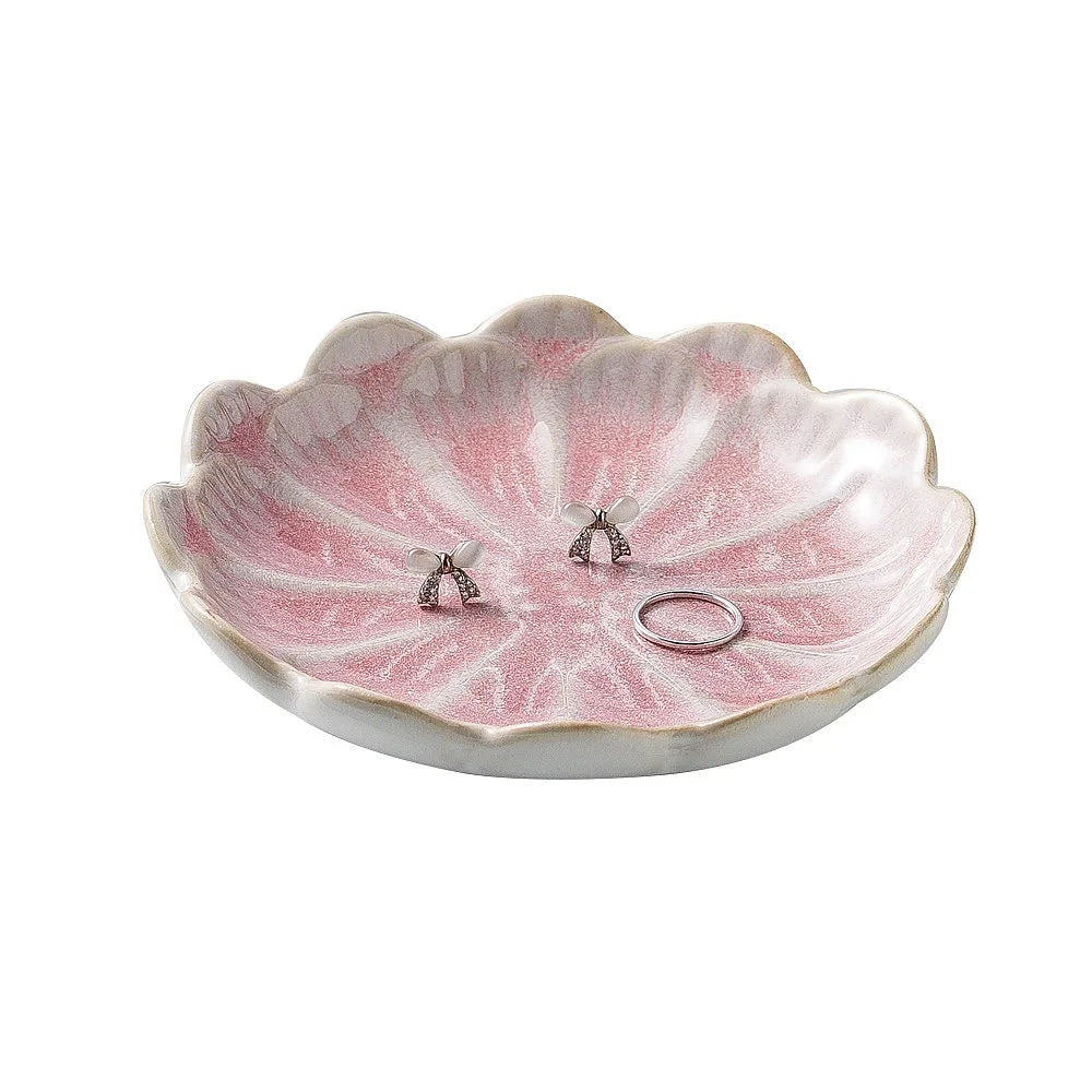 plateau bijoux céramique rose clair blanc bleu foncé motif floral moderne élégant anneaux boucles