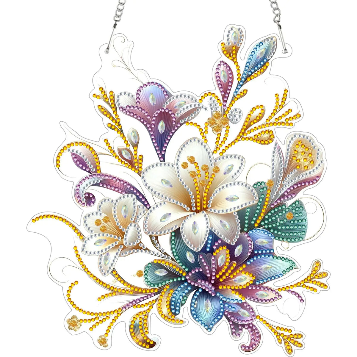 décoration murale artisanale peinture diamant motif floral violet blanc doré vert rose