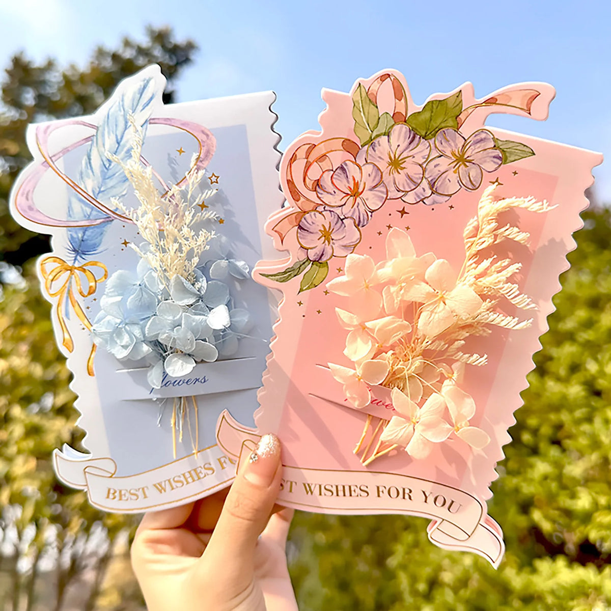 cartes anniversaire mariage fleurs séchées rubans guirlandes bleu rose violet beige