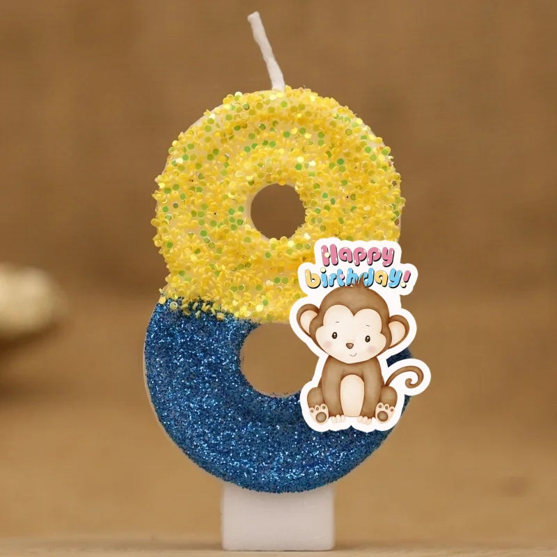 bougies anniversaire animaux singe pailletées chiffres decoration gâteau enfants festive
