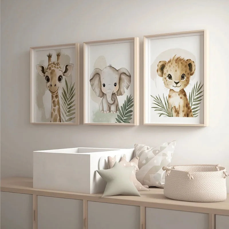 Toile d'art animaux safari illustration girafe éléphant lionceau verte chambre enfant sans cadre 30x45cm