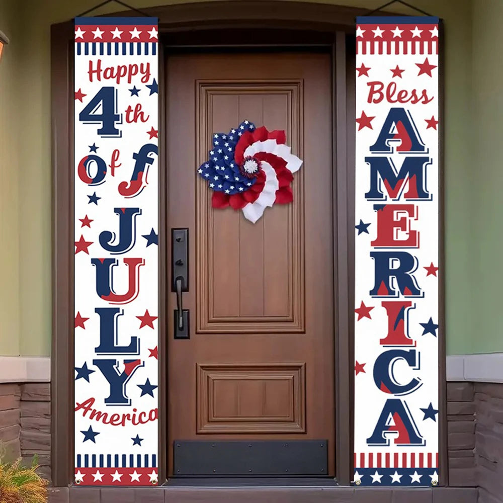 bannière décorative étoiles rouge blanche bleue texte happy 4th bless america grommets suspension festive