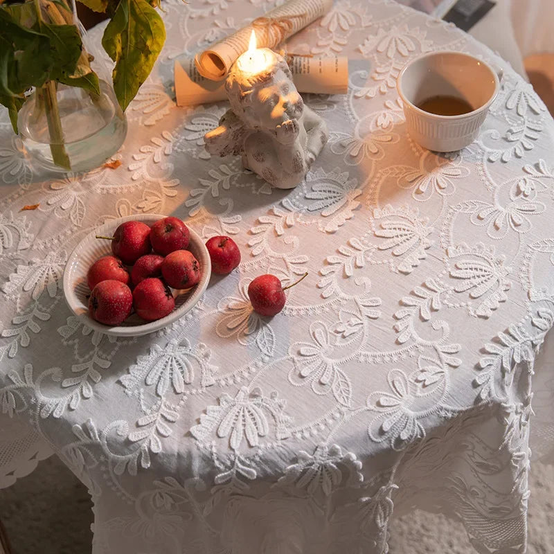 nappe table broderie florale blanc coton classique mariage noël pâques halloween
