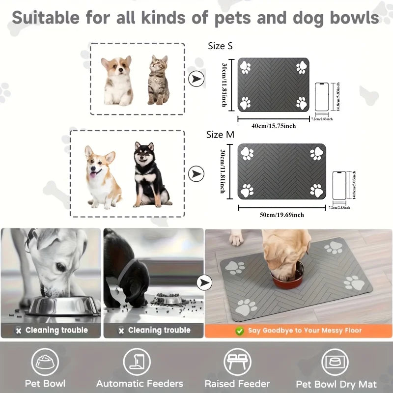 tapis absorbant animaux gris rayures moderne antidérapant lavable deux bols