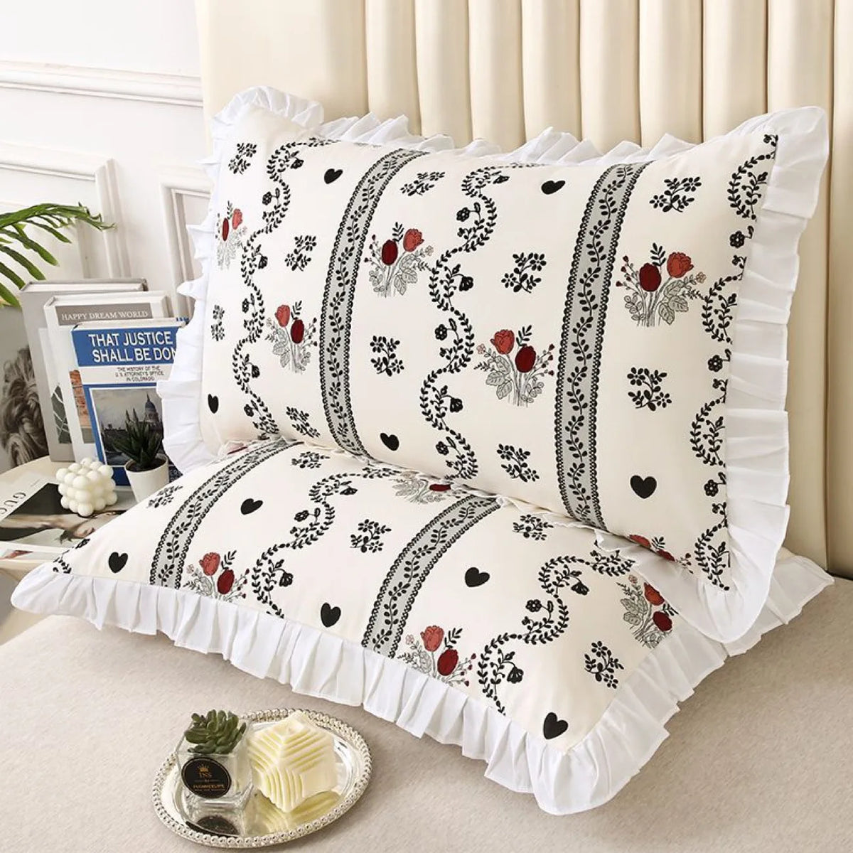 taies d'oreiller polyester motif floral vintage blanc noir adhésif respectueux environnement simple casa lot