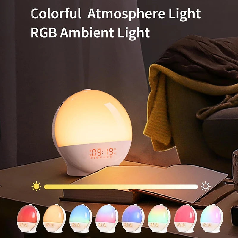 lampe réveil horloge simulateur soleil couleurs chaudes moderne pied transparent affichage numérique