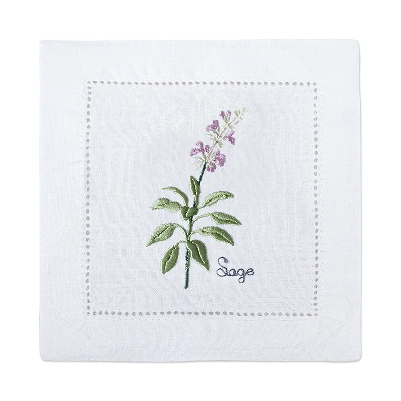 serviette cuisine lin blanc brodée motifs plantes aromatiques naturelle table élégante