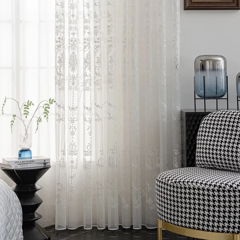 rideau blanc floral brodé transparent moderne maison hospitalière tulle polyester