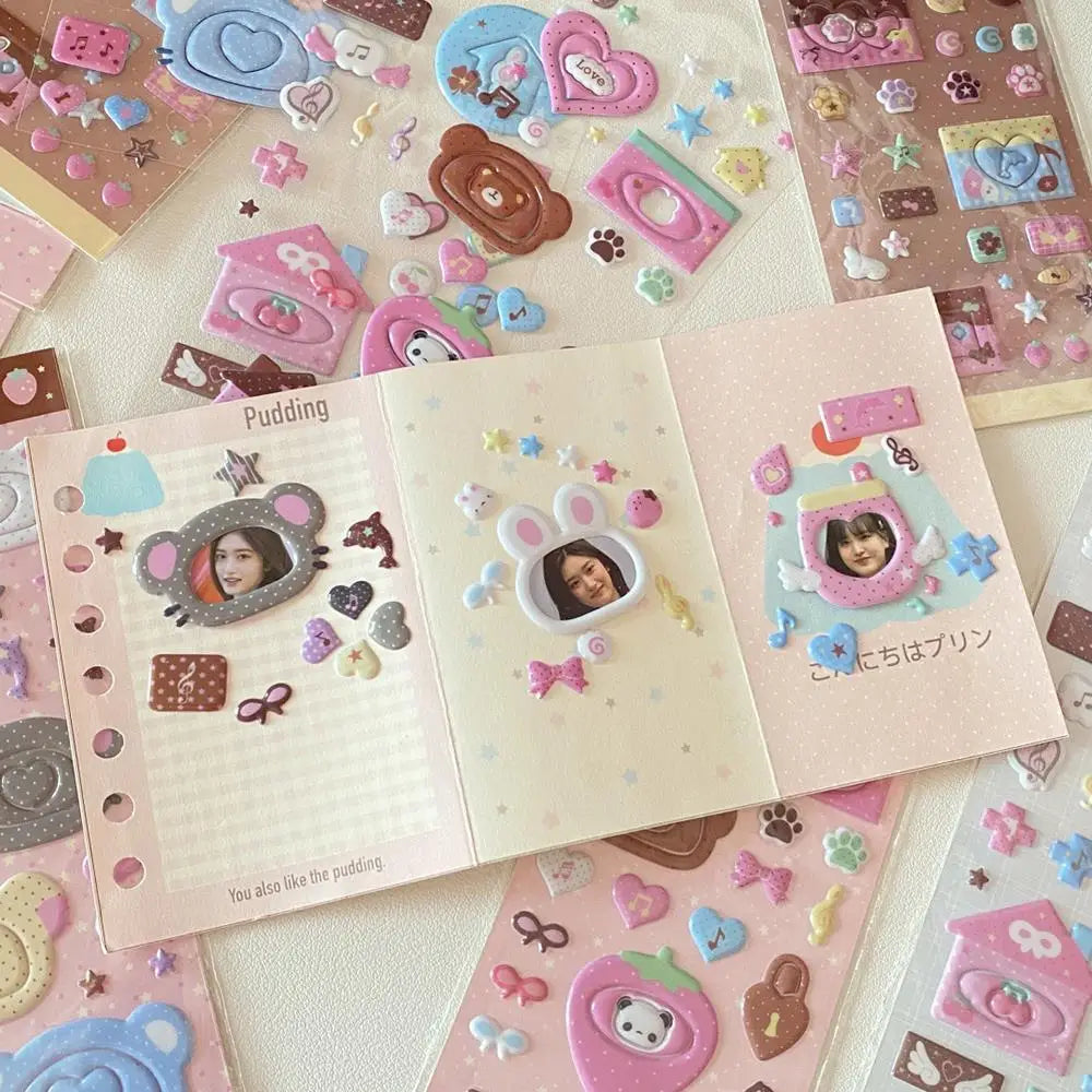 stickers 3d bulles kawaii animaux coeurs étoiles maison ours chauves souris pompons cloches journal