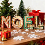 lettres décoratives noël rouge vert artisanal flocons neige manteau étagère affichage bois lumineux