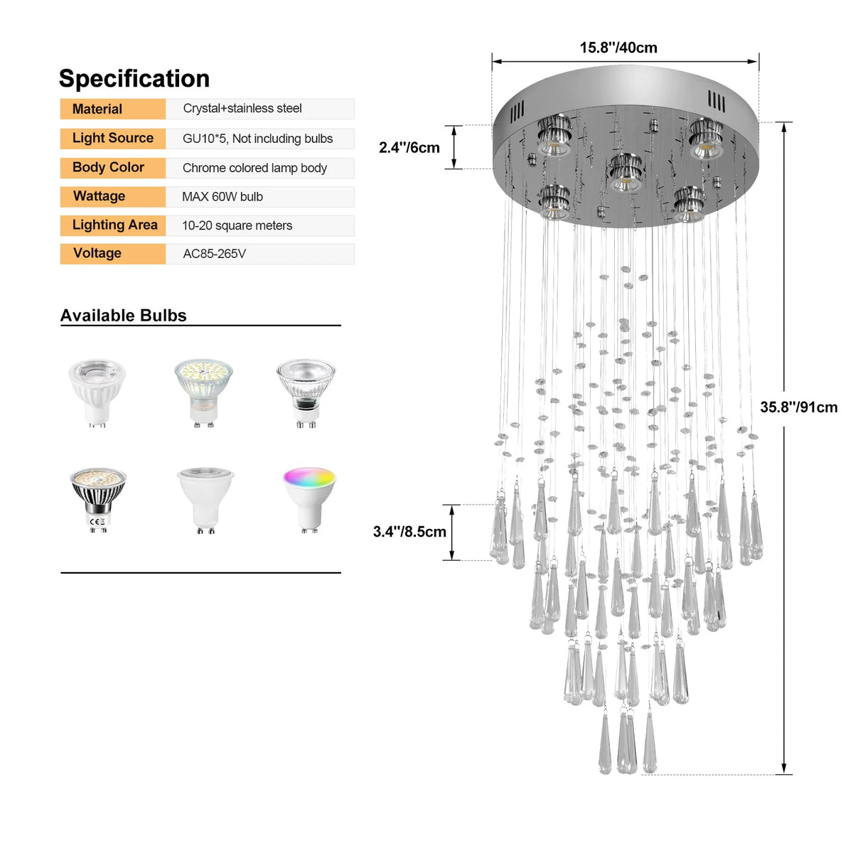 lustre suspendu moderne cristal argenté gouttes transparentes intérieur luxe