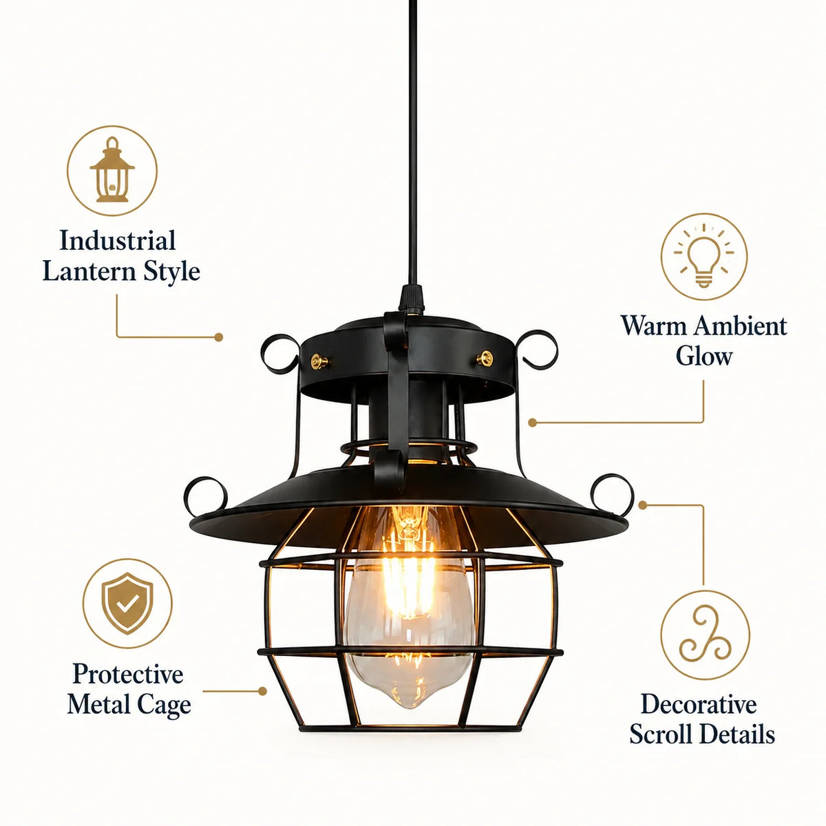 lampe suspendue industrielle cage métallique détails décoratifs noir flux lumineux faible 3000k 6000k