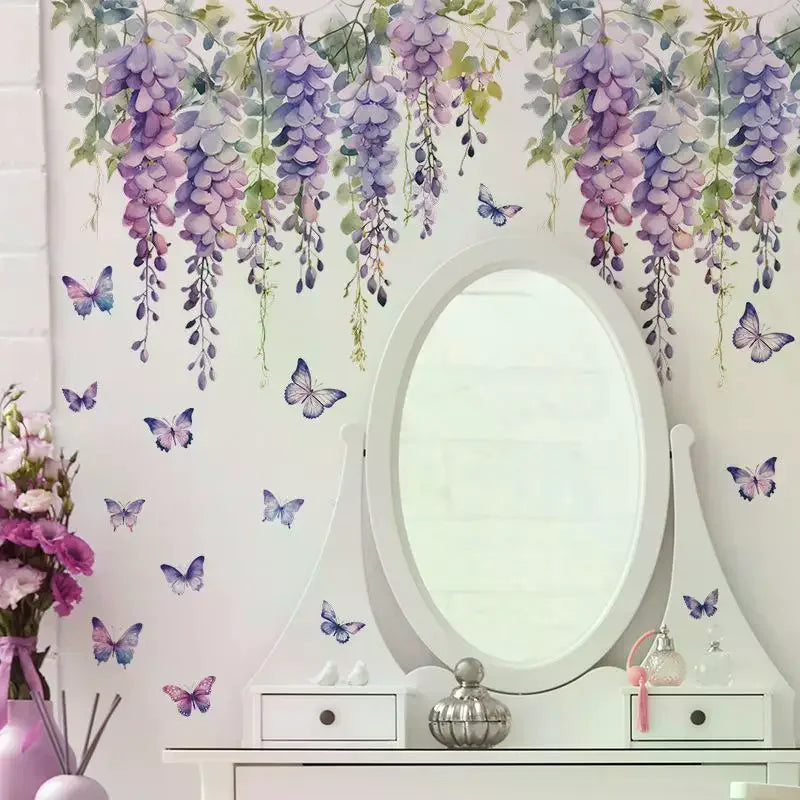 sticker mural floral fleurs violettes papillons décoration chambre meubles porte adhésif art floral