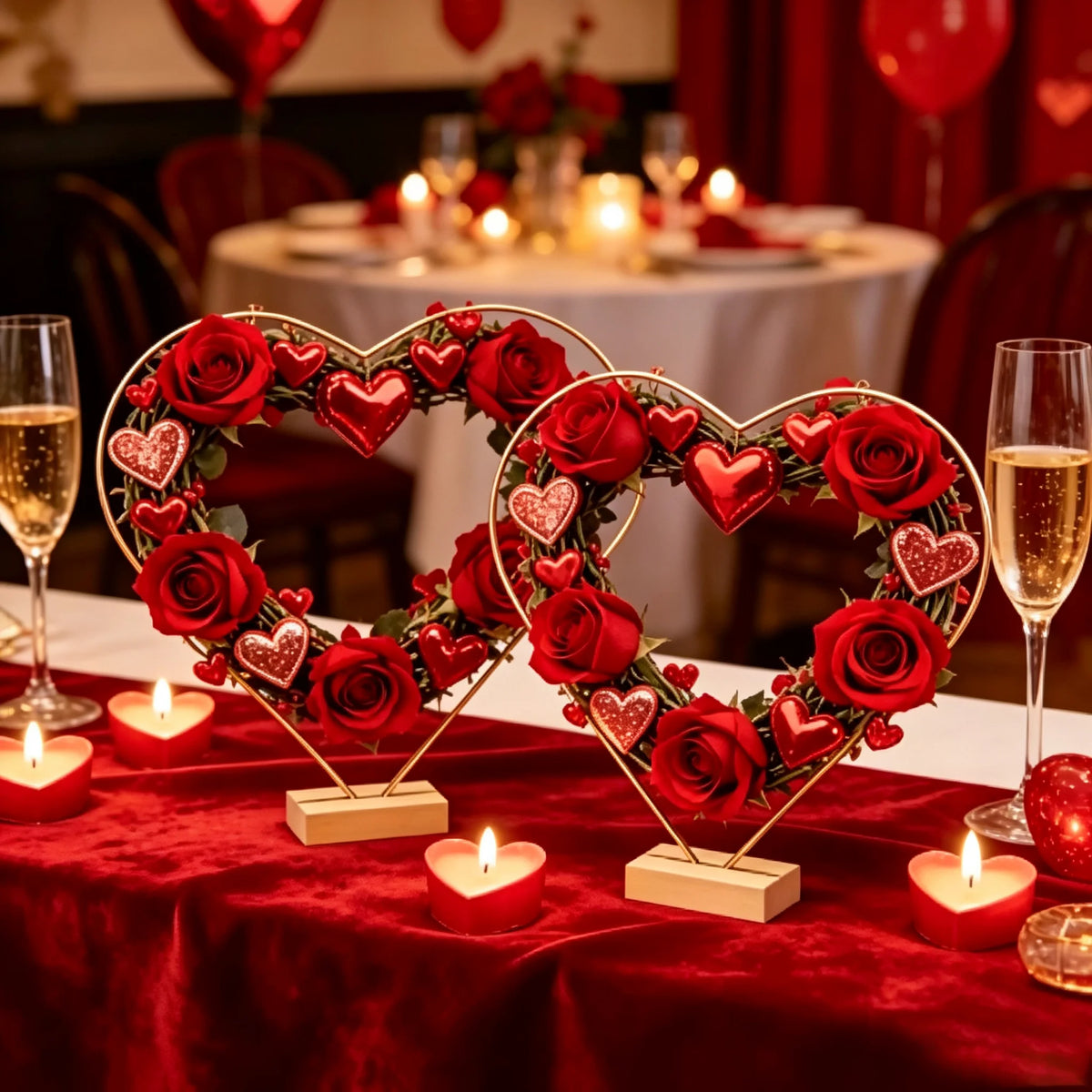 cadres formes coeurs fleurs roses velours tables mariage anniversaire decoration festive bougies nappes chaises