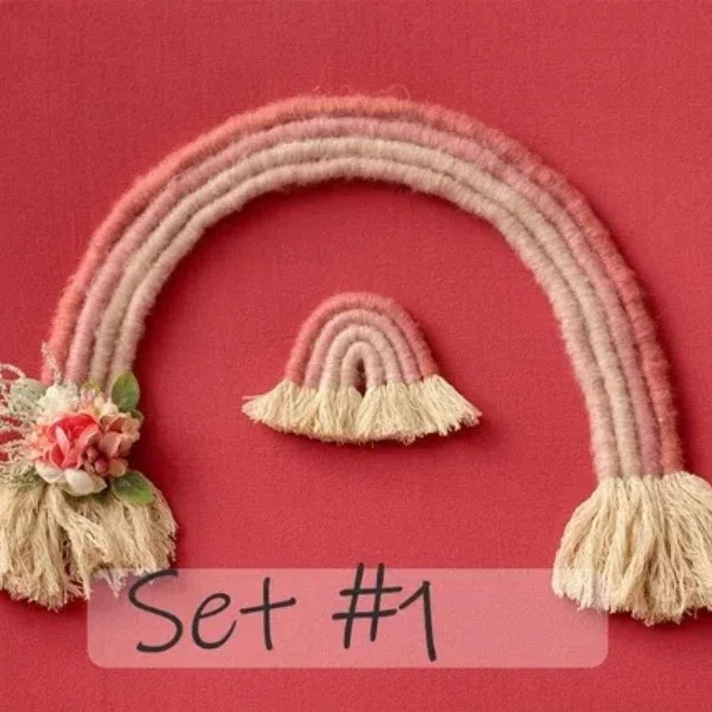décoration arc ciel tissé franges bohème artisanal nouveau né photo chambre bébé rose blanc