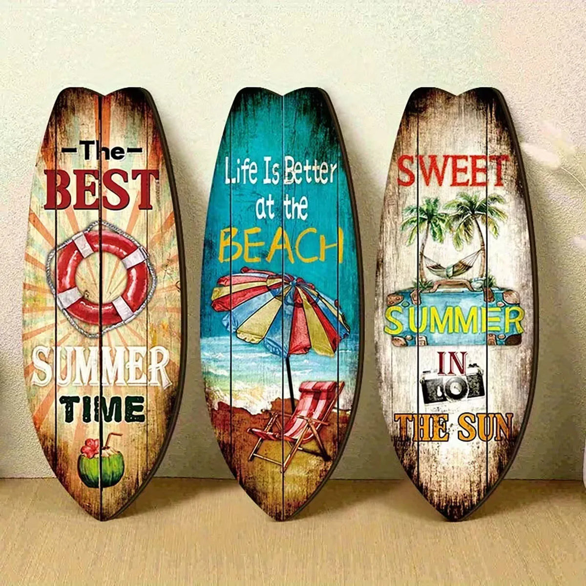 décoration murale vintage planche surf multicolore motifs estivaux adhésif nano glue maison plage