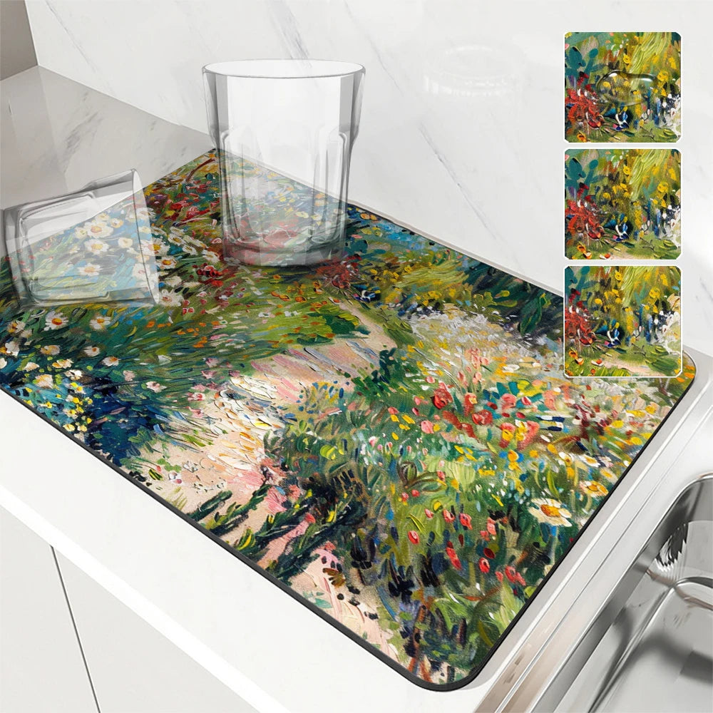 tapis cuisine absorbant rapide drain plat moderne noir fleurs polyester