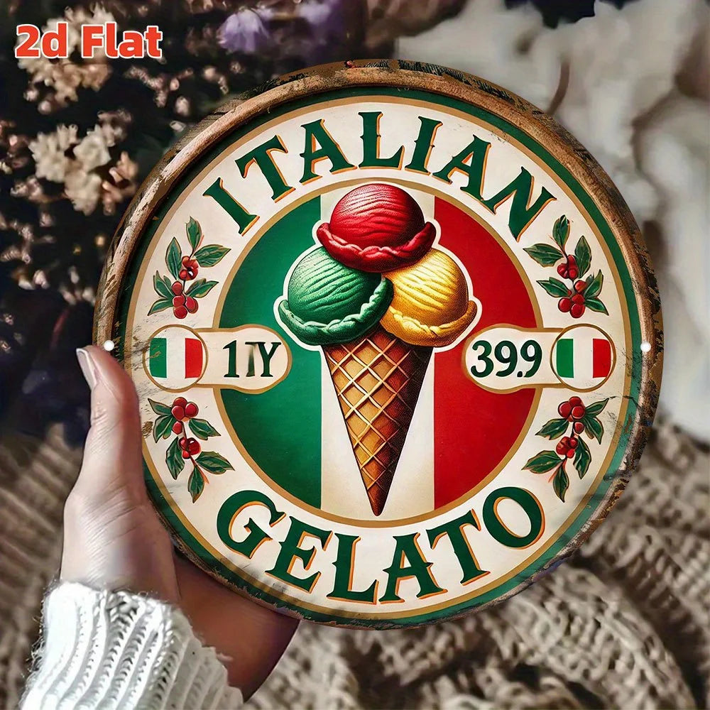 plaque publicitaire vintage motif glace trois boules drapeau italien couleurs vert rouge blanc beige