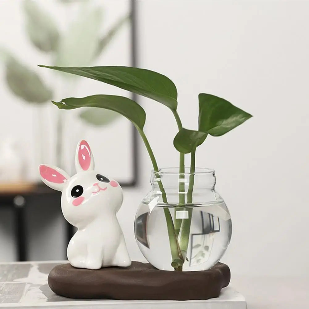 cache pot verre transparent base céramique panda lapin feuilles moderne intérieur blanc noir vert
