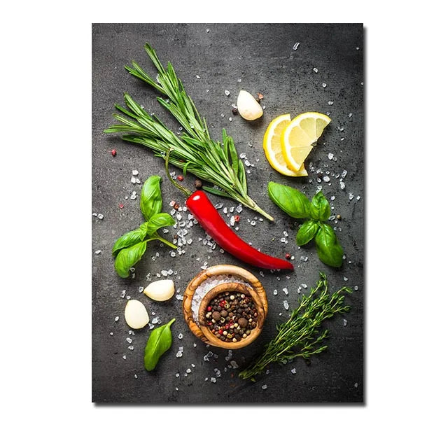 décoration murale art culinaire herbes épices condiments toile impression sans cadre vertical