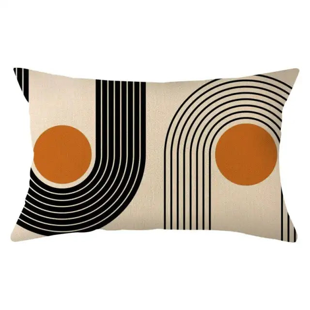 coussin rectangulaire polyester motif géométrique moderne beige orange noir blanc respectueux environnement qualité maison
