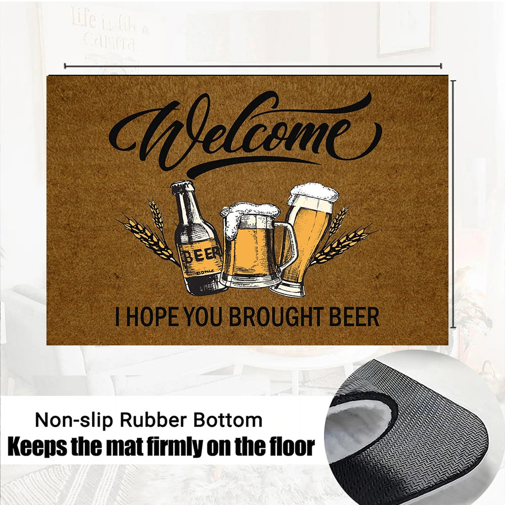 tapis d'entrée marron clair imprimé welcome bière bouteilles moderne antidérapant extérieur intérieur 40x60cm