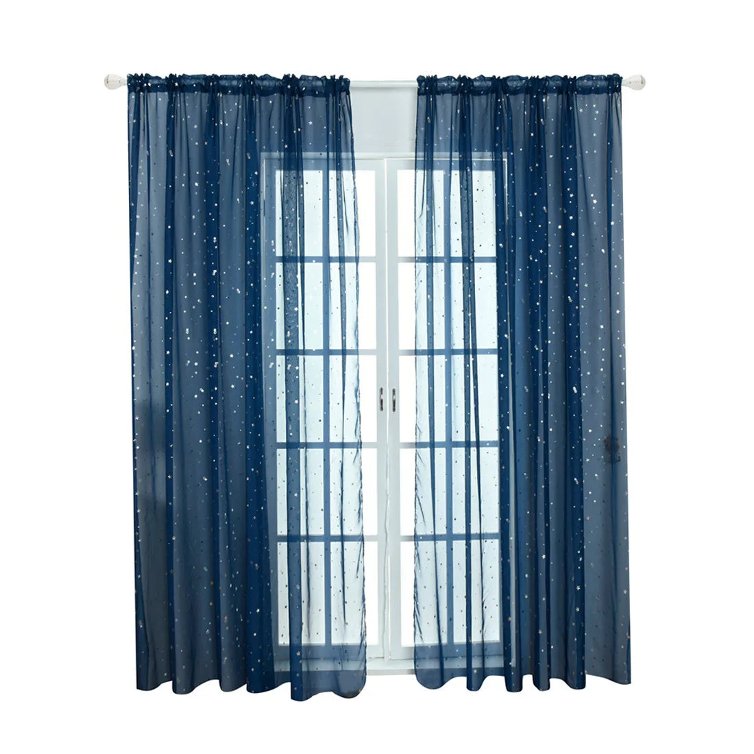 rideau moderne étoiles argentées bleu marine rose transparent anneaux suspension polyester coton chambre fille