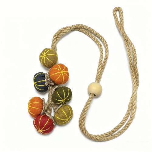 boules rideau orange rustique corde nouée tissu chanvre vert bleu rouge beige