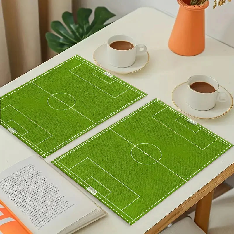 tapis table moderne vert terrain football adhésif cuillère fourchette couteau tasse soucoupe livre vase
