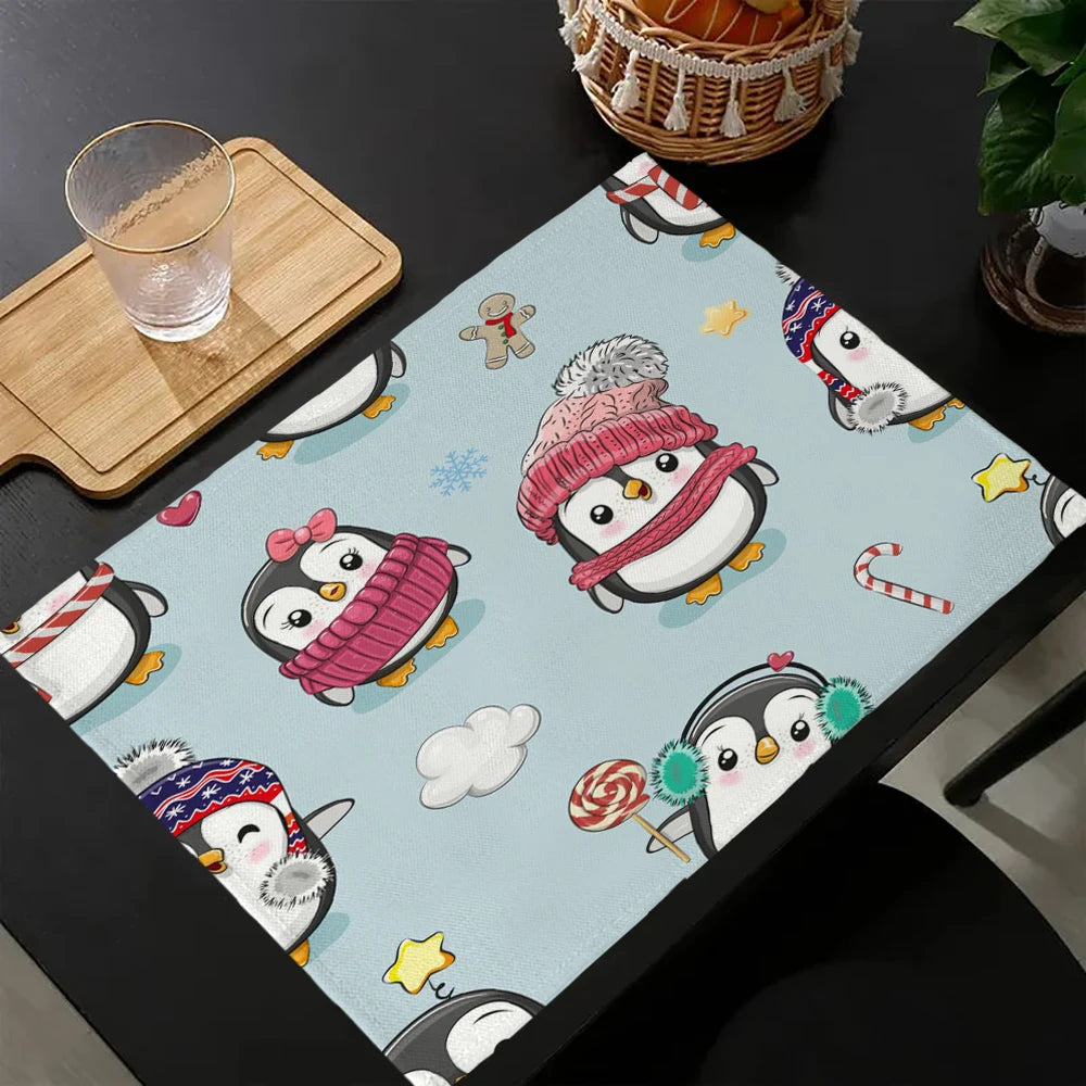 tapis table dessins animés multicolores pingouins monstres gâteaux chauves souris capybaras lin respectueux environnement