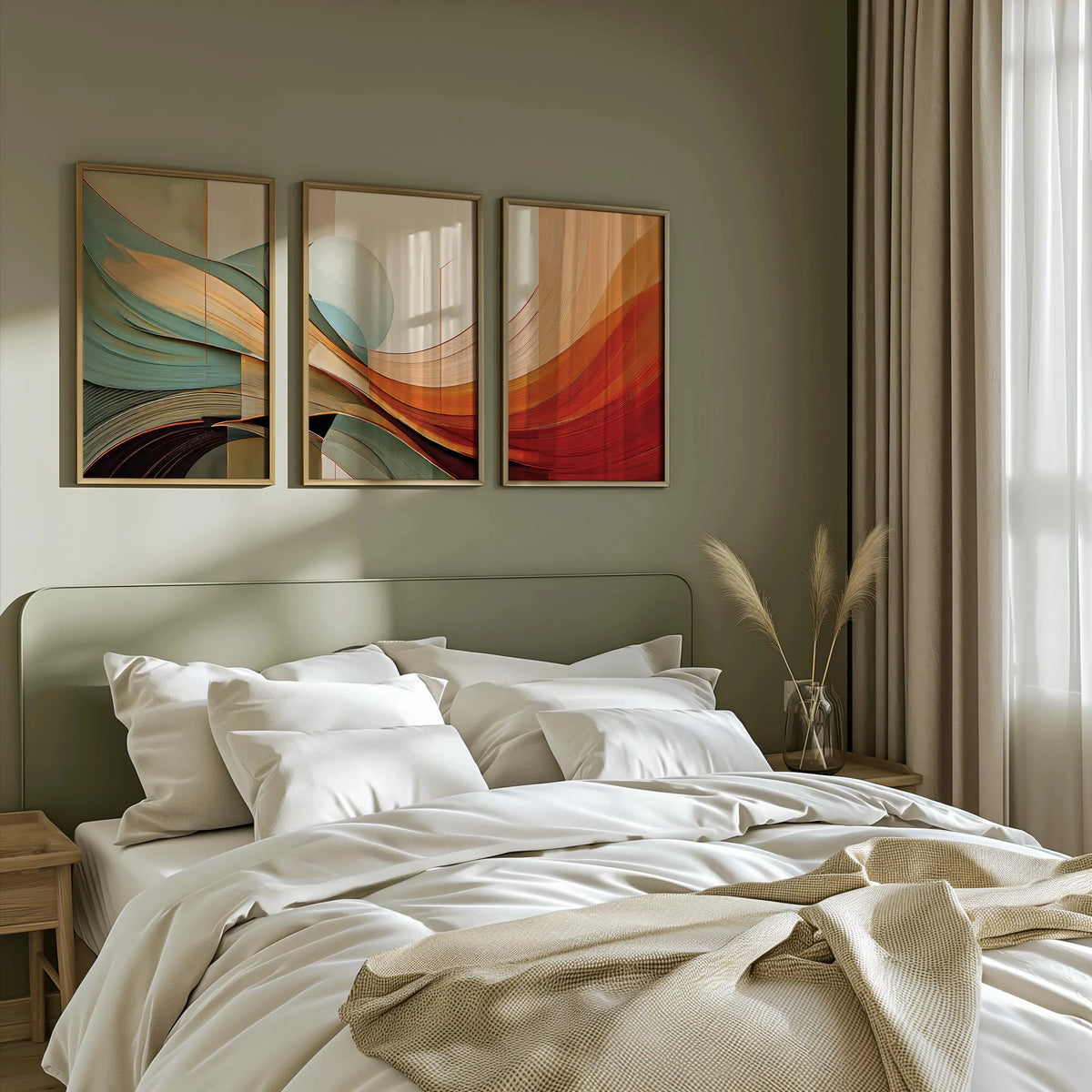 tableaux contemporains abstraits vert beige orange sans cadre moderne decoration intérieure ondulé