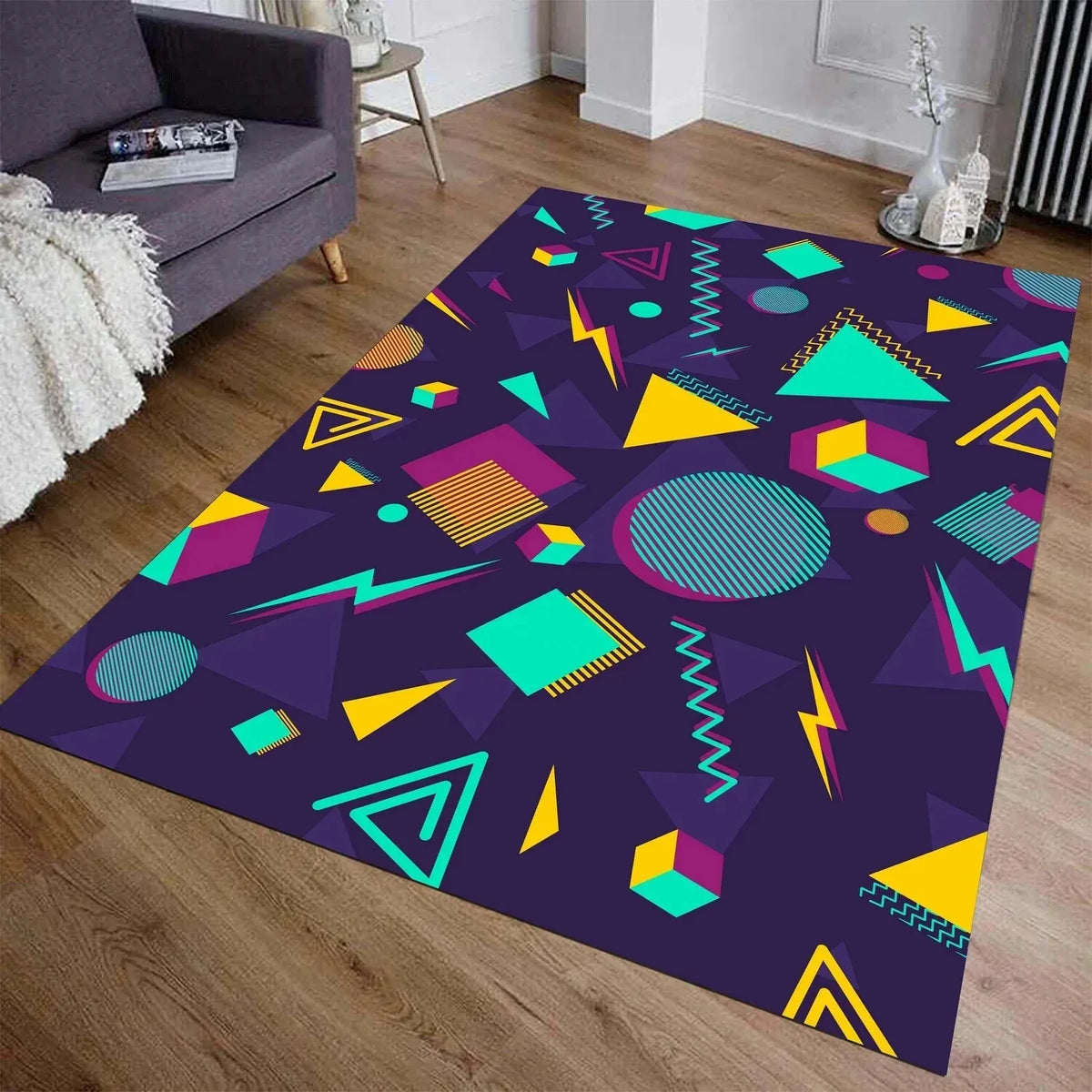 tapis moderne géométrique étoiles noir bleu vert rouge jaune orange rose blanc
