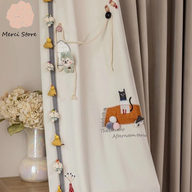 rideau occultant enfant motif chat oiseau beige moderne décoration chambre bébé fille garçon maison