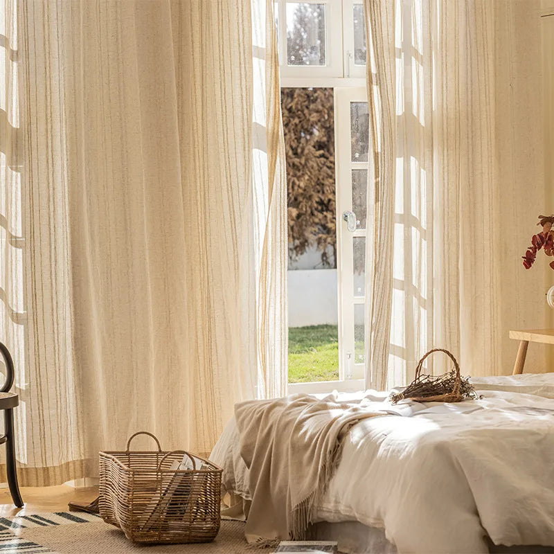 rideaux polyester rayés bohème beige clair semi transparent fenêtre chambre coucher