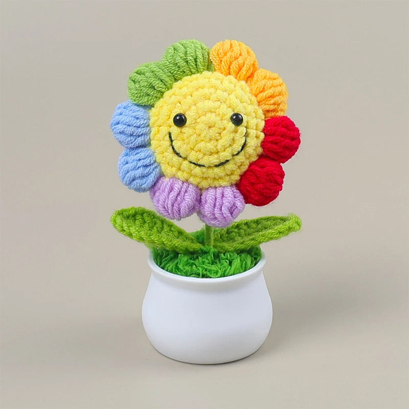 fleurs crochet rose jaune marron multicolore pot plastique décoration intérieure ornement créatif enfantin