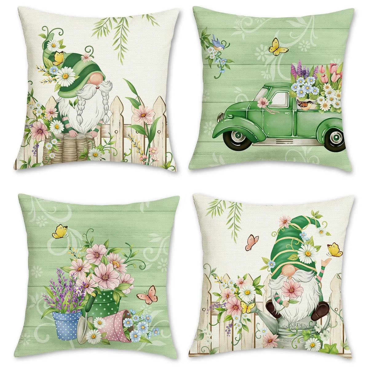 taies d'oreiller motif floral gnome papillons vintage 45x45cm polyester blanc beige