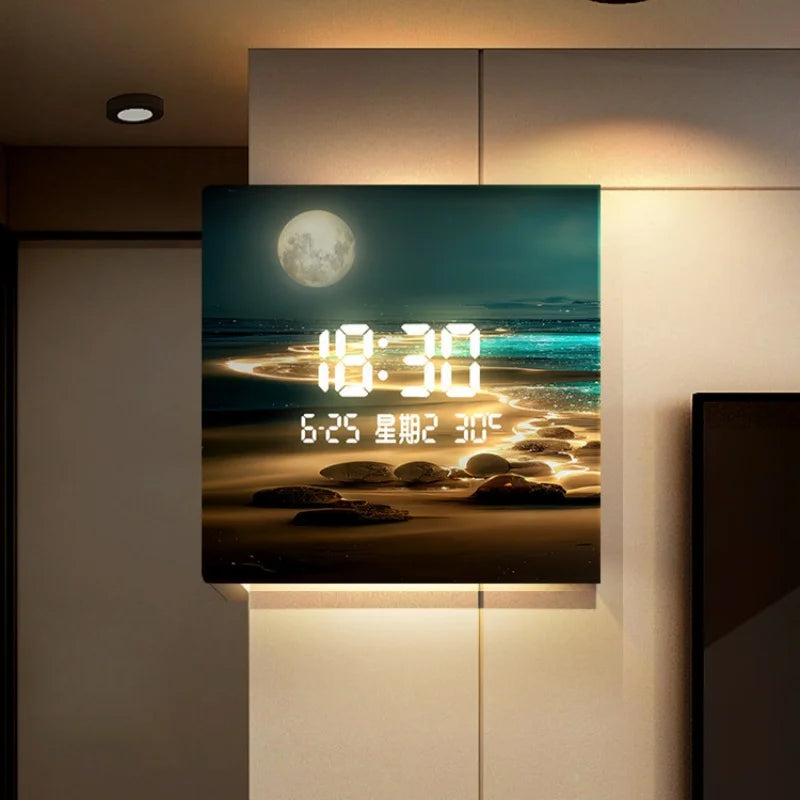 horloge murale moderne paysage marin doré bleu lune rochers opaque verre fixée numérique analogique
