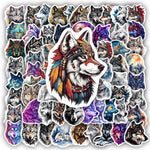 stickers adhésifs waterproof modernes illustrations loups motifs ethniques forêt nocturne galactiques multicolores adultes adolescents